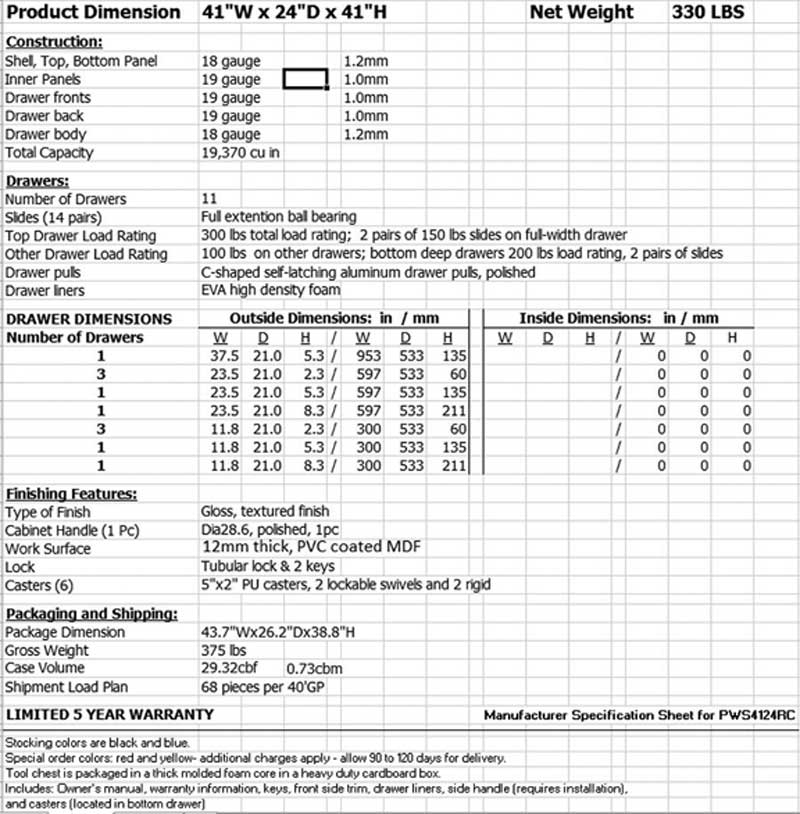 PWS4124RC Extreme Tool Storage Box Specs